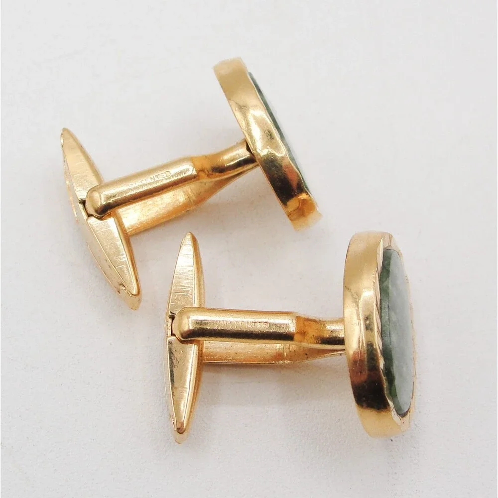 Vintage Gold Tone Jade Cufflinks Oval Green Stone Patented Retro MCM Classic